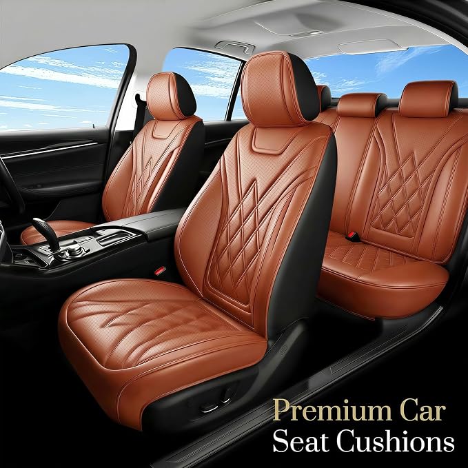 Fit Explorer Car Seat Covers for Ford Explorer 2007-2025 2026 - Luxury Leather, Anti-Slip, All-Weather, Waterproof & Breathable, Airbag Compatible, 2 Front Seats Only (Brown)