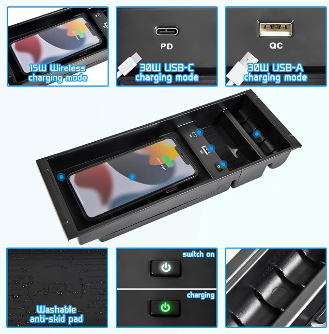 Wireless Charger for F150 2009-2023, Center Console Organizer Box Fast Wireless Chargering with USB-A USB-C Port for Ford F150 2009-2021 2022 2023 Accessories