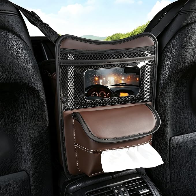 Car Organizer Storage Between Seats, Premium Leather Car Storage Bag Pocket Handbags Purse Holder with Tissue Box, Touch Screen Phone Holder, Console Front Seat Storage Barrier (Brown)