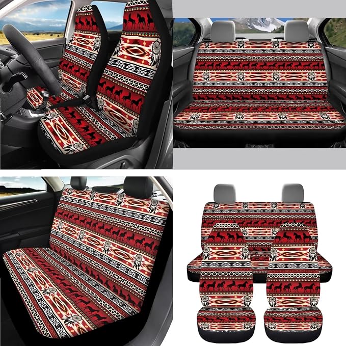 AFPANQZ Red Aztec Horse 11 Pcs Car Front & Rear Seat Covers Full Set Interior Accessories with Steering Wheel Cover, Hand Brake and Gear Shift Knob Cover, Seat Belt Pads