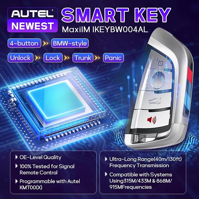Autel IKEY Razor Programmable Smart Key 2024 Key Fob for BMW Key Creation 4 Buttons Ultra-Long Range OE Quality 700+ Vehicles Car Key Replacement Programmed with Autel KM100 IM508 IM608