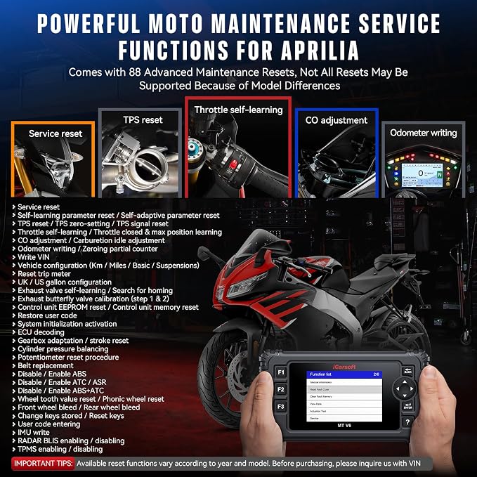 iCarsoft MT V6 Motorcycle OBD2 Scanner for Aprilia, Full-System Motorcycle Bidirectional Diagnostic Tool with 88 Resets & 122 Active Test, Battery Test, 2 in 1 Motor Scan Tool+Car OBD2 Diagnostics