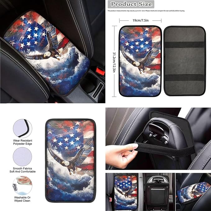 Eagle American Flag Car Seat Cover Full Set with Car Steering Wheel Cover Shoulder Pads Center Console Pad Patriotic Decorations 8 Pcs Auto Interior Accessories