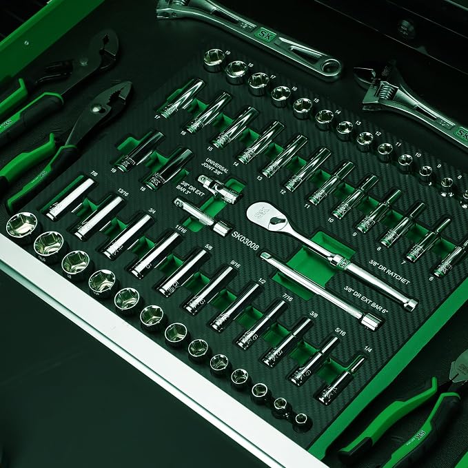 SK 3/8" Drive Socket Set with 90-Tooth Ratchet, 56-Piece, SAE & Metric, SuperKrome Finish, Premium CR-V Construction, with EVA Foam Tool Organizer