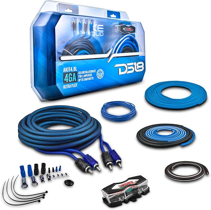 DS18 AKIT4.BL 4-GA Amplifier Installation Kit Up to 1680 Watts RMS, Mini-ANL Fuse Holder, Speaker & RCA Cables, CCA Amplifier Wiring Kit, Ultra Flex Wire, Amp Wire Kit, Amp Wiring Kit 4 Gauge - Blue