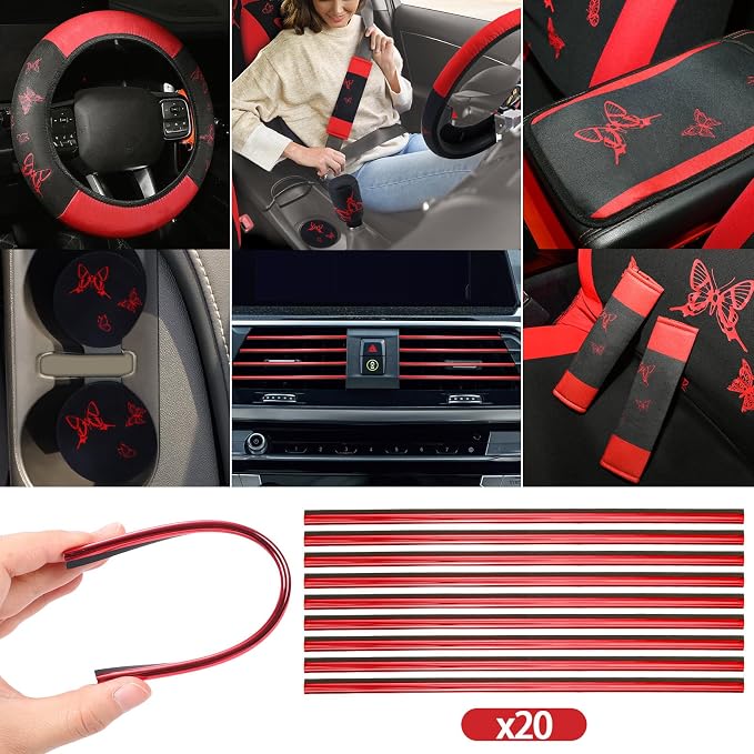 BBTO 47 Pcs Car Seat Full Set Car Accessories for Women 5 Front Rear Seat Covers Wrist Strap 2 Pieces Cup Mat Armrest Pad 2 Belt Cover Accessories for SUV(Red Black)