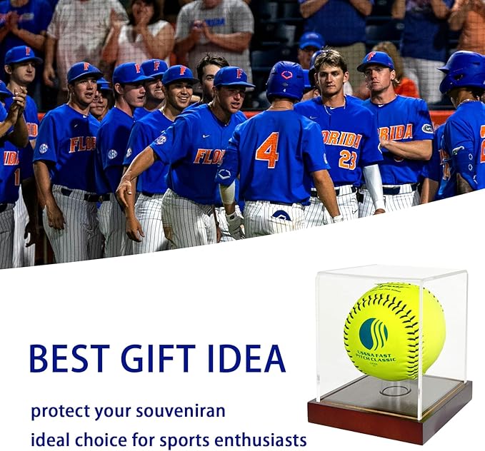 Softball Display Case,Clear Acrylic Ball Display Holder for 12 inch Softball,UV Protected Cube with Wood Base Stand for Tennis Ball Baseball Golf Ball,Championship Sport Collection Box Showcase