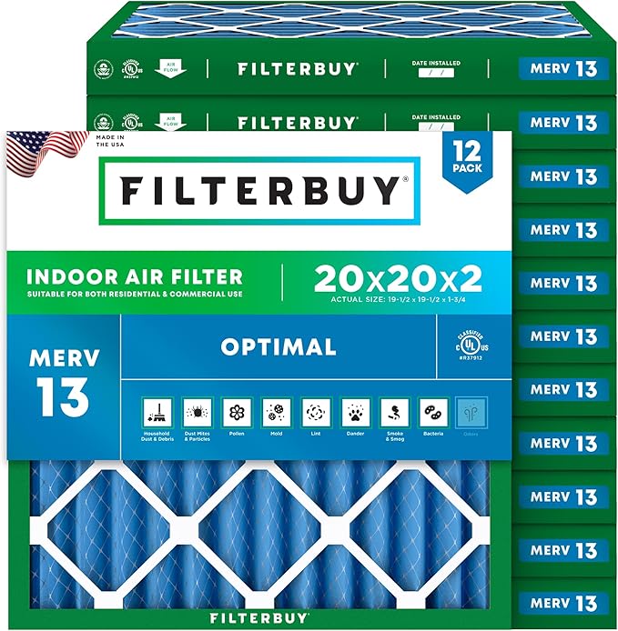 Filterbuy 20x20x2 Air Filter MERV 13 Optimal Smoke & Allergy Defense (12-Pack), Electrostatic Pleated HVAC AC Furnace Filters Replacement (Actual Size: 19.50 x 19.50 x 1.75)