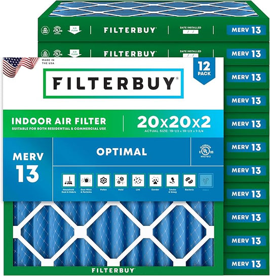 Filterbuy 20x20x2 Air Filter MERV 13 Optimal Smoke & Allergy Defense (12-Pack), Electrostatic Pleated HVAC AC Furnace Filters Replacement (Actual Size: 19.50 x 19.50 x 1.75)