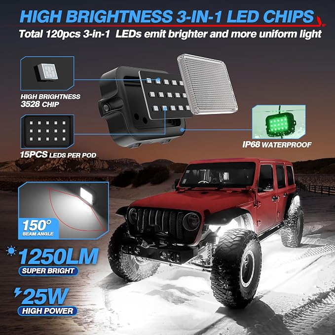 MICTUNING Y1 RGB+IC Dream Chasing Color Ultra-Bright 10 Pods LED Rock Light | Wiring Switch Kit, Extra Extension, Bluetooth APP Control, Extensible to 24 Pods, IP68 Waterproof, Series & Parallel Wiring