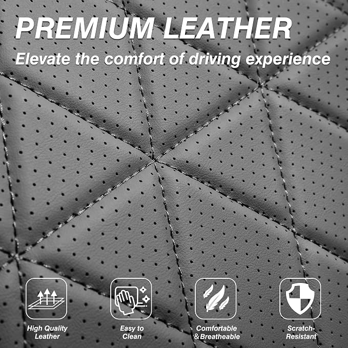 Custom Napa Leather Seat Covers for Chevy Silverado & GMC Sierra Crew Cab, 46-Split Flat Rear Bench Design, Compatible with 2019-2026 1500 and 2020-2026 2500HD 3500HD(Full Set, Black&Gray)