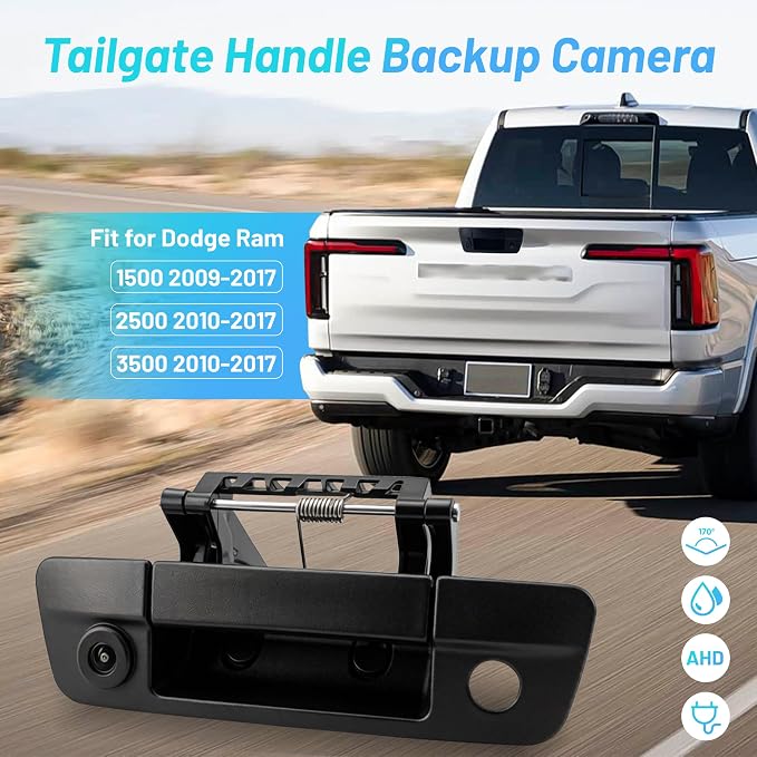 AHD 720P Tailgate Handle Backup Camera Fit for 2009-2017 Dodge Ram 1500 2500 3500 Rear View Reverse Backup Camera IP69 Waterproof 170° Wide Angle RCA Connector Key Hole Park Assist Guideline