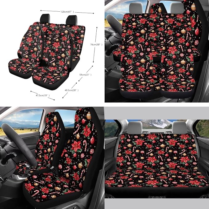 Poinsettia Flower Candy Cane Print Car Seat Covers Set of 10 Elastic Front Rear Seat Covers, Vehicle Trash Bin, Steering Wheel Cover, Air Vent Pouch, Coasters, Keychain Christmas Decor