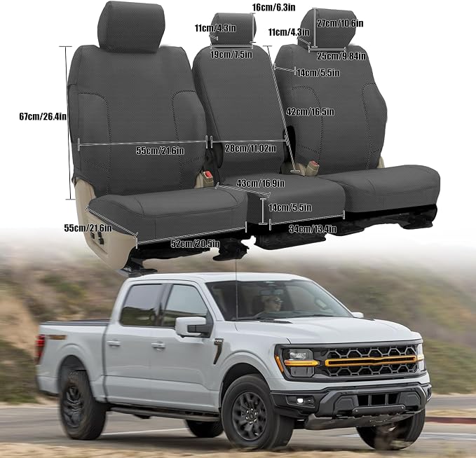Custom Split Bench Seat Covers for Ford F150 XLT/Lariat 2014 F250 F350 F450 F550 XLT/Lariat 2015-2021 Heavy Duty Cloth Protector Interior Accessories，Waterproof & Machine Washable - Gray