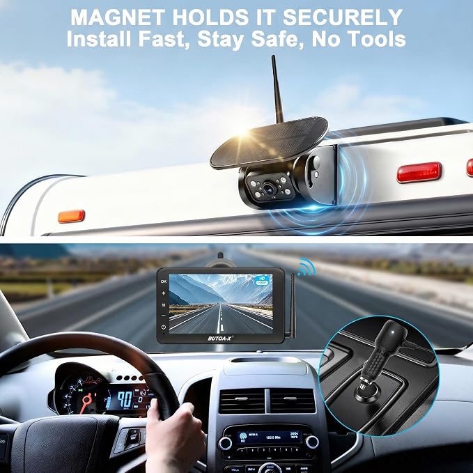 X7 Wireless Solar Magnetic Backup Camera for RV Truck - 15000mAh Battery Magnetic Hitch Camera 7” Monitor 320FT Range - 5th Wheel Hitch Gooseneck Travel Boat Horse Trailer Truck