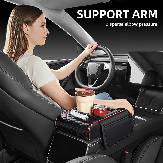 5 in 1 Nappa Leather Console Armrest Cover, Black Red Stitch | Built-in cup holder, tissue slot, phone holder & 2 storage pockets, practical car accessories fit SUV sedan truck