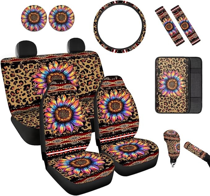 BIGCARJOB Leopard Print Car Accessories Full Set 12 Pcs Sunflower Leopard Print Car Seat Covers Set for Front Back,Leopard Print Steering Wheel Covers,Armrest Pads,Coaster