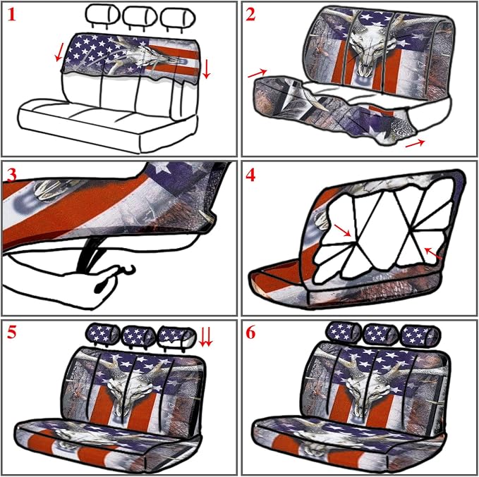 American Flag 25 PCS Patriotic Seat Covers - Skull Camo Car Accessories - 4th of July Steering Wheel Cover, Tire Valve Stem Caps, Cup Holder, Armrest Pad, Seatbelt Pads, Wrist Strap