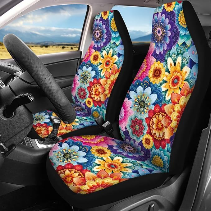 17 Pcs Hippie Lotus Car Cover Seats Full Set Mandala Lotus Car Accessories with Car Front Rear Carpets Mats Steering Wherl Cover Seat Belt Cover Pad Set Car Coasters Armrest Pad,Universal Fit