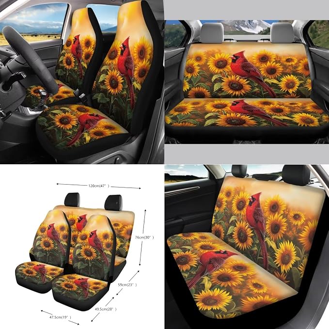 Cardinal Sunflower Pattern Car Accessories Set of 15, Full Set Seat Covers for Cars Steering Wheel Cover Seat Belt Cushion Car Trash Can Air Vent Storage Bag Cup Coasters Universal Fit