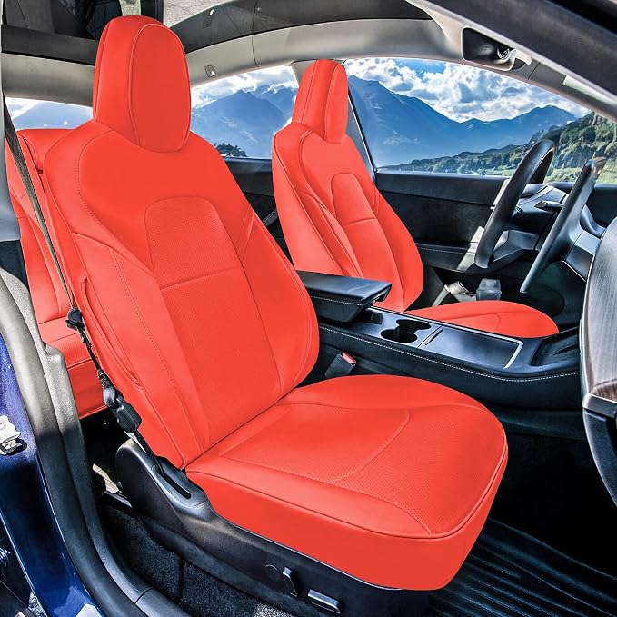 FH Group Custom Fit Car Seat Covers Specifically Made for 2020-2025 Tesla Model Y Faux Leather Water Resistant Automotive Seat Covers -Front Set Solid Red