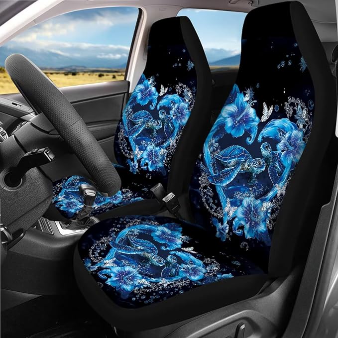 Ocean Turtle Car Seat Covers Full Set of 18 Universal Car Interior Accessories Full Set Blue Sea Turtle Car Headrest Covers Seat Auto Seat Belt Pads Cover Car Trash Can,Easy to Install