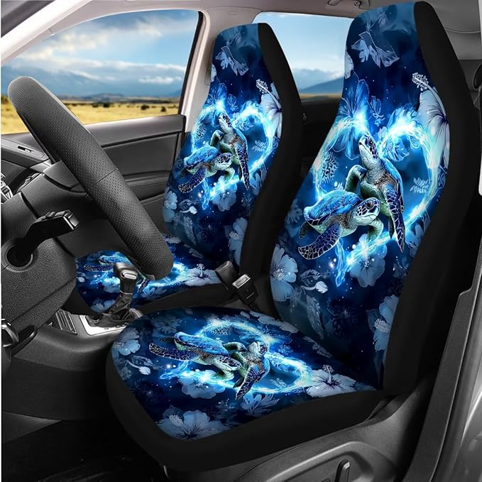 Sea Turtle Love Heart Design Car Interior Accessories Set for Women, Car Seat Cover Full Set with Steering Wheel Cover, Center Console Pad, Seat Belt Pads, Universal Fit Cars SUVs Trucks