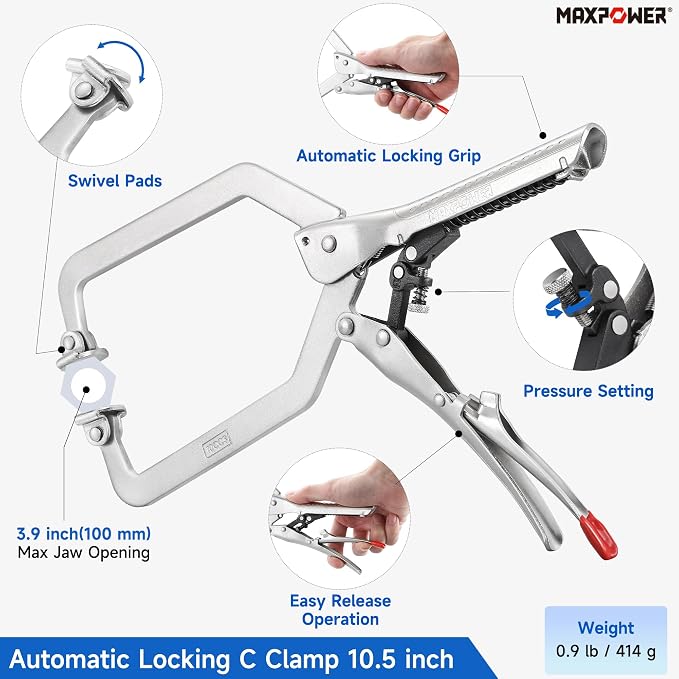 MAXPOWER 2 Pieces Self-adjusting Locking Pliers Clamp Set, 7 inch Long Nose Pliers, 10.5 inch Locking C Clamp