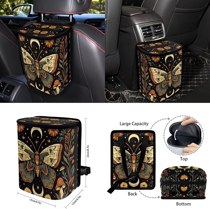 Goth Moon Moth 15Pcs Car Seat Cover Full Set Car Steering Wheel Cover Seat Belt Cover Trash Bin Front Rear View Mirror Car Cup Holder Keychain