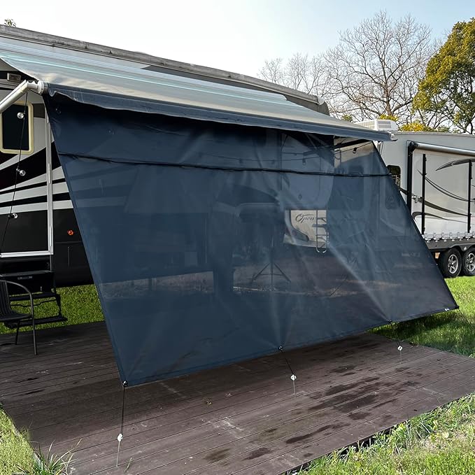 RV Awning Sun Shade Screen 8'x14'3''(Fit for 15' Awning),Black Mesh Shade Screen with Zipper,Universal Trailer Camper Awning Screen with Complete Kits,Improves Shadow and Privacy.