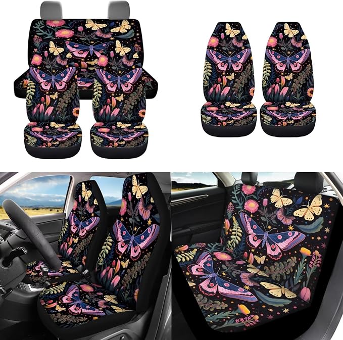 Cottagecore Butterfly Car Seat Cover for Front & Rear Bench,12 Pack Hippie Flower Butterflies Auto Steering Wheel Cover Non Slip Cup Coaster Keychain Lip Holder Sleeve Safety Seatbelt Pads Set