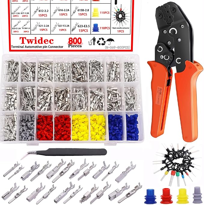 Twidec/800PCS Car Electrical Wire Terminal 21Type 1/1.5/1.8/2.2/2.8/3.5mm Auto Electric Connector Pins Terminal Non-Insulated Plug Removal Male Female Crimp Pins with Crimping Pliers