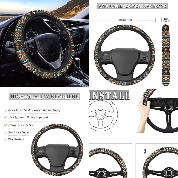9 Pack Aztec Style Car Seat Covers Full Set, Elastic Comfy Navajo Auto Front Seats Rear Seats Cover with Steering Wheel Cover Seat Belt Pads Universal for SUV Cars Truck, Brown