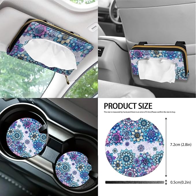 Poceacles Bohemian Flower Blue Violet 13 Pieces Car Accessories Full Set Includes Car Seat Cover Steering Wheel Shoulder Seat Belt Pads Cup Holder Chapstick Holder Tissue Box Keychain Decor