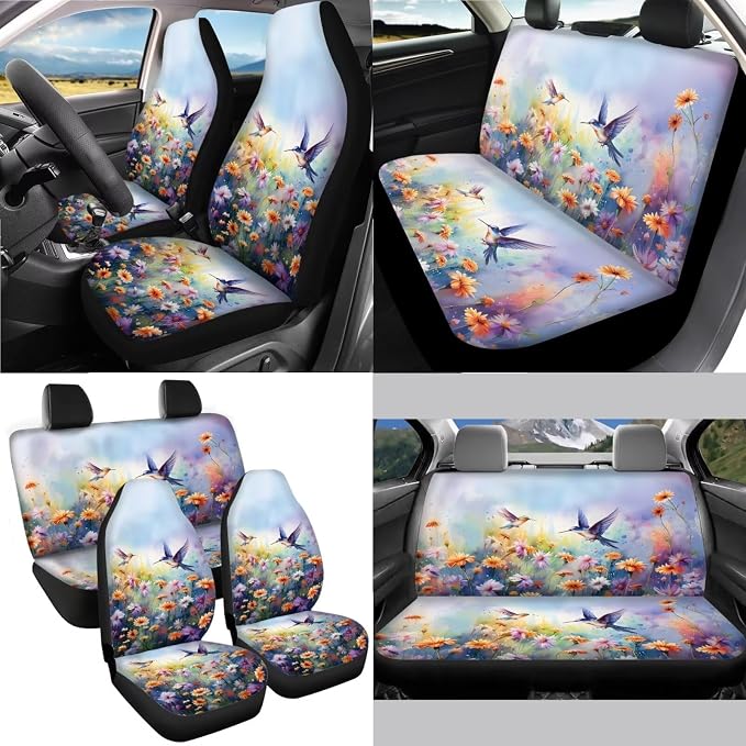Hummingbird Daisy Pattern 13 Pieces Car Accessories, Car Front and Rear Seat Covers Full Set with Safe Belt Pads, Non Slip Steering Wheel Cover Washable Coasters with Notch