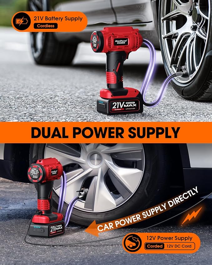 KeenPower Cordless Tire Inflator Portable Air Compressor, 160PSI Car Tire Air Pump, 21V Rechargeable Battery Powered Air Compressor, Dual Power, Larger HD Digital Gauge w/4+N Smart Modes (Red)