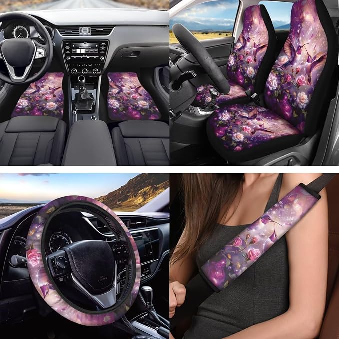 18 Pcs Hummingbird and Rose Car Accessories Set for Women, Car Seat Covers Full Set with Auto Floor Mats Steering Wheel Cover Armrest Pad Handle Wraps Seat Belt Pads Keychains Cup Coaster