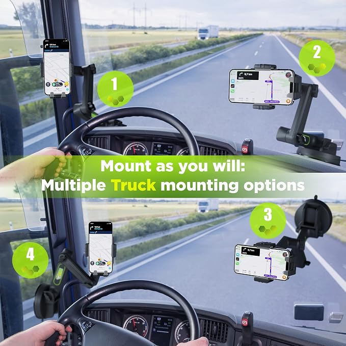 Cell Phone Mount for Truck Phone Holder for Truck Drivers - Heavy Duty Suction Cup, iPhone Holder for Dashboard Window 16.9 inch Long, for iPhone & Samsung, Semi Trucker, Gray