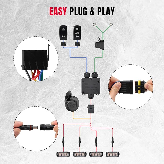 Oumurs UTV Turn Signal Kit with 110dB Horn, Pre-Wired, UTV ATV Blinker with Rocker Switch, Plug and Play Rectangle Universal Street Legal Turn Signals Compatible with Polaris, Teryx, Can-Am, CFMOTO
