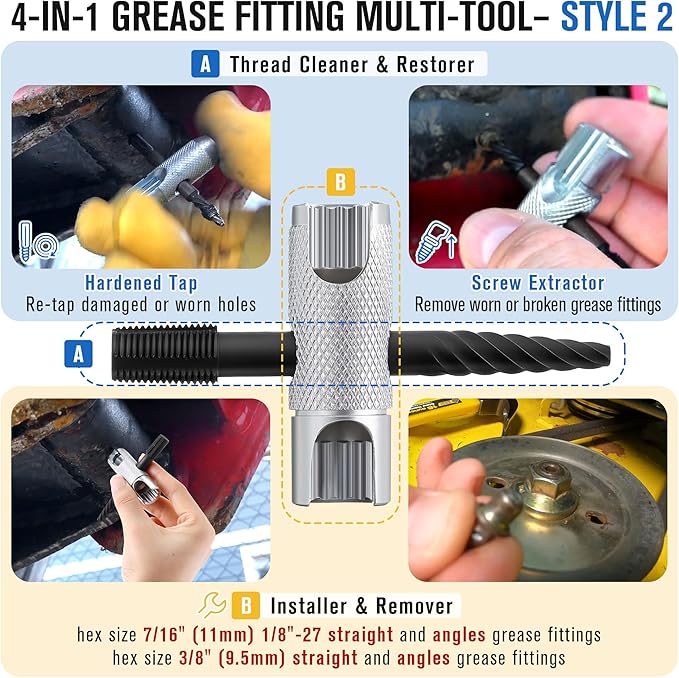 Feekoon Grease Zerk Fitting Tool All in One Grease Fittings Assortment with Removal Tool Fit 1/4"-28 SAE, 1/8"-NPT, M10x1 M8x1 and Hex Size 3/8" 5/16" 7/16" for Install, Remove, Rethread