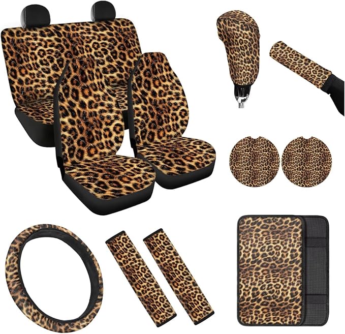Brown Leopard Print 12 Pack Car Seat Covers Full Set Steering Wheel Cover Car Center Console Cover Protector Cars Seat Belt Covers Hand Brake Cover Universal Fit for Cars SUV