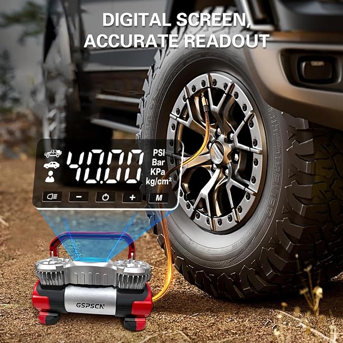 GSPSCN Digital Tire Inflator 12V Heavy Duty Metal Portable Air Compressor | 6X Faster Inflation Auto Shut-off Dual Cylinder Air Pump 150PSI LED Light w/Pencil Pressure Gauge for Car,Pickup,SUV,RV,Balls