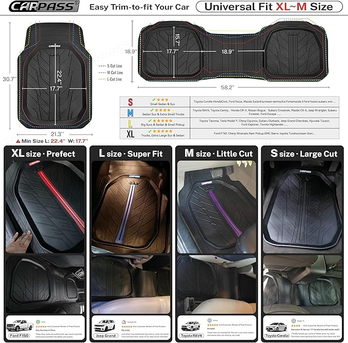 CAR PASS 3 Row Heavy Duty Rubber Car Mats, Deep-Dish All-Weather Floor Mats for 7 Seats 8 Seater 2nd & 3rd, Waterproof Universal Trim to Fit Liner Van,SUV,MPV,7 Passengers Vehicle,(Black 3 Row)