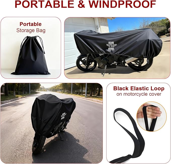 Dream Apparel Motorcycle Half Cover, Waterproof Motorcycle Cover for Outdoor, Rain Snow Dust Protection Universal Fit Heavy Duty Motorbike Vehicle Cover with Storage Bag, Black with Wing Wheel XL