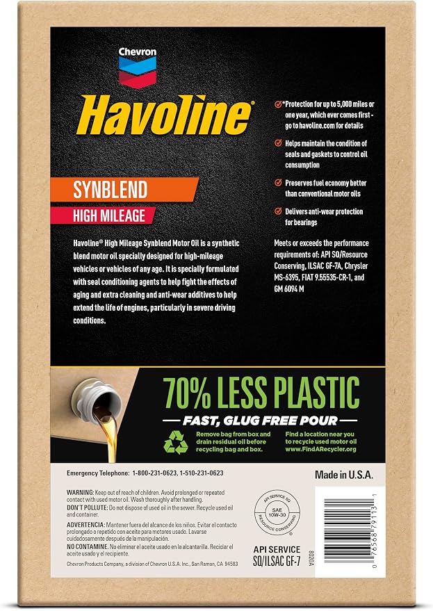 Havoline Motor Oil 10w30 High Mileage Synthetic Technology Smart Change Engine Oil, 10W-30, 6 Quarts, Pack of 2