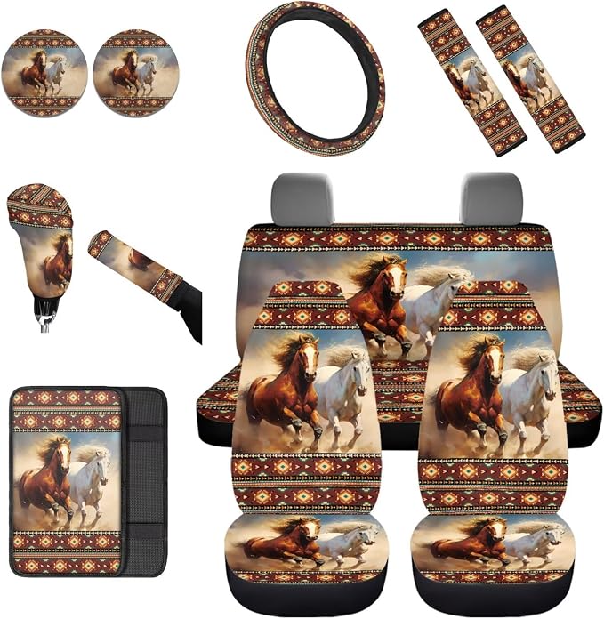 Dreaweet Aztec Horse Seat Covers for Cars Full Set,Brown South Western Car Accessories Steering Wheel Cover/Armrest Cover/Seatbelt Covers/Car Coasters/Gear Shift Cover/Handbrake Cover,12 Pcs Set