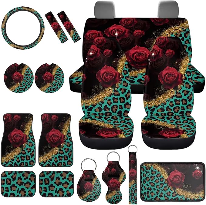 17 Pack Leopard Print Car Seat Covers Sets with Front and Rear,Car Accessories Full Set with Auto Front Rear Foot Carpet All Weather,Steering Wheel Cover,Car Seat Belt Cover,Universal Fit