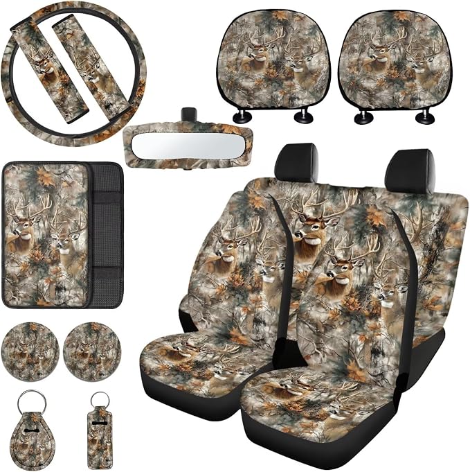 Deer Hunting Printed Car Seat Cover with Armrest Pad Cover Chapstick Keychain Coasters Car Coaster Non Slip Car Seat Cover Full Set Auto Accessories Set, Brown