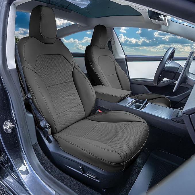 FH Group Custom Fit Seat Covers Compatible with Tesla Model 3 2024–2026 Front Set Seat Covers for Tesla Sedan (2 Front Seats + Console) Faux Leather Car Seat Covers, Black