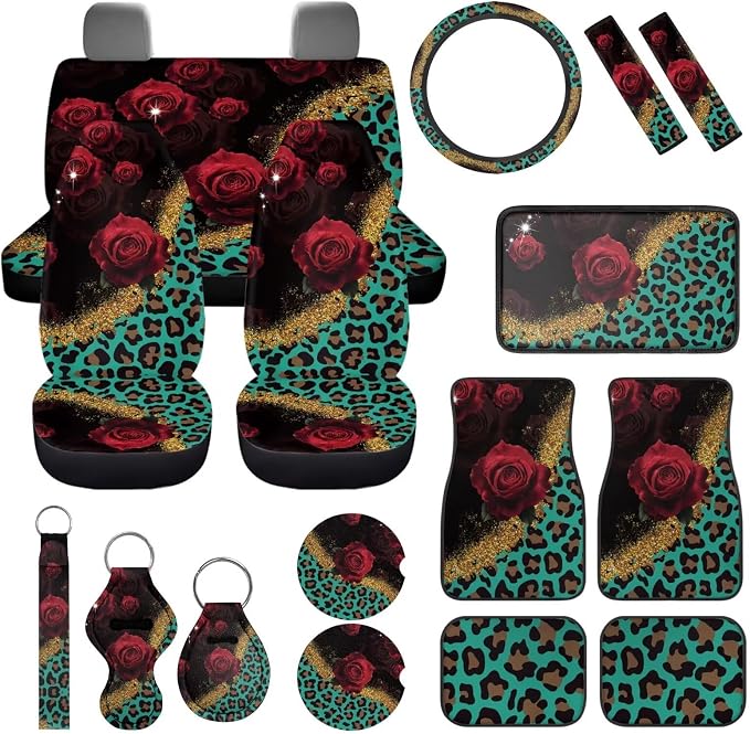 17 Pack Leopard Print Car Seat Covers Sets with Front and Rear,Car Accessories Full Set with Auto Front Rear Foot Carpet All Weather,Steering Wheel Cover,Car Seat Belt Cover,Universal Fit